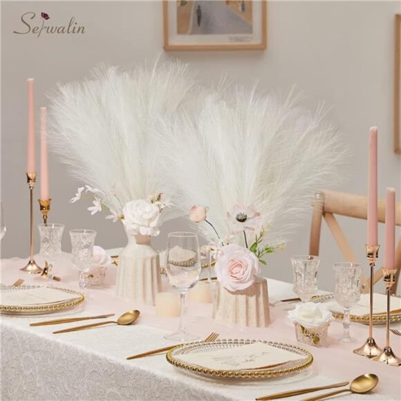 White Pampas Grass Decor,17.7 Inch 6pcs Boho Decor,Faux Pampas Grass Living Room - Picture 3 of 8